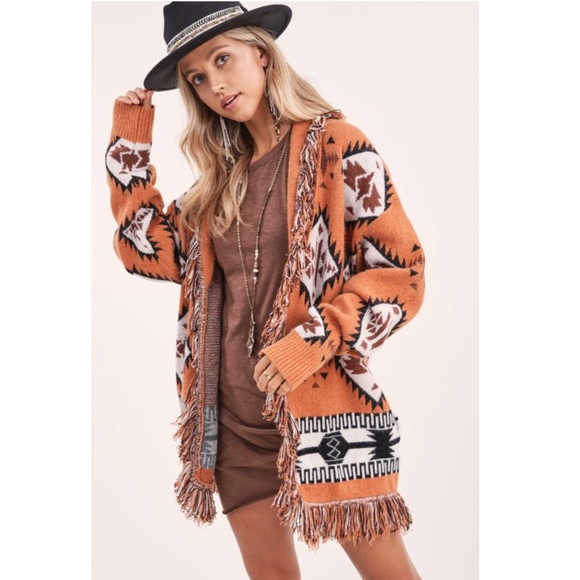 Rust Aztec Fringe Detail Cardigan Sweater - Picture 3 of 7